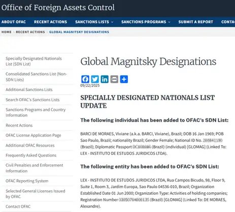 Brasília (DF), 22/09/2025 - Capa do site Global Magnitsky com informações do ministro Alexandre de Moraes e da sua esposa Viviane Barci de Moraes. Foto: Global Magnitsky/Reprodução