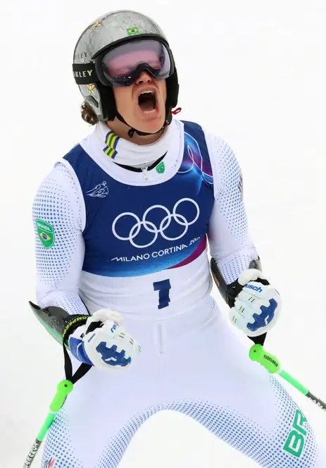 Milano Cortina 2026 Olympics - Alpine Skiing - Men's Giant Slalom Run 2 - Stelvio Ski Centre, Bormio, Italy - February 14, 2026.
Lucas Pinheiro Braathen of Brazil celebrates after his second run in the Men's Giant Slalom REUTERS/Denis Balibouse     TPX IMAGES OF THE DAY