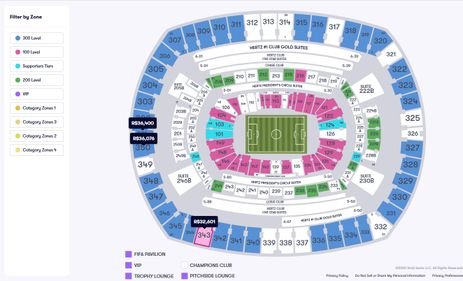 Tarifa dinâmica aumentou lucro da FIFA. site de venda de ingressos para a Final da Copa do Mundo Fifa de 2026. Ingresso mais barato, na sexta-feira (17). Foto: vividseats.com/Divulgação