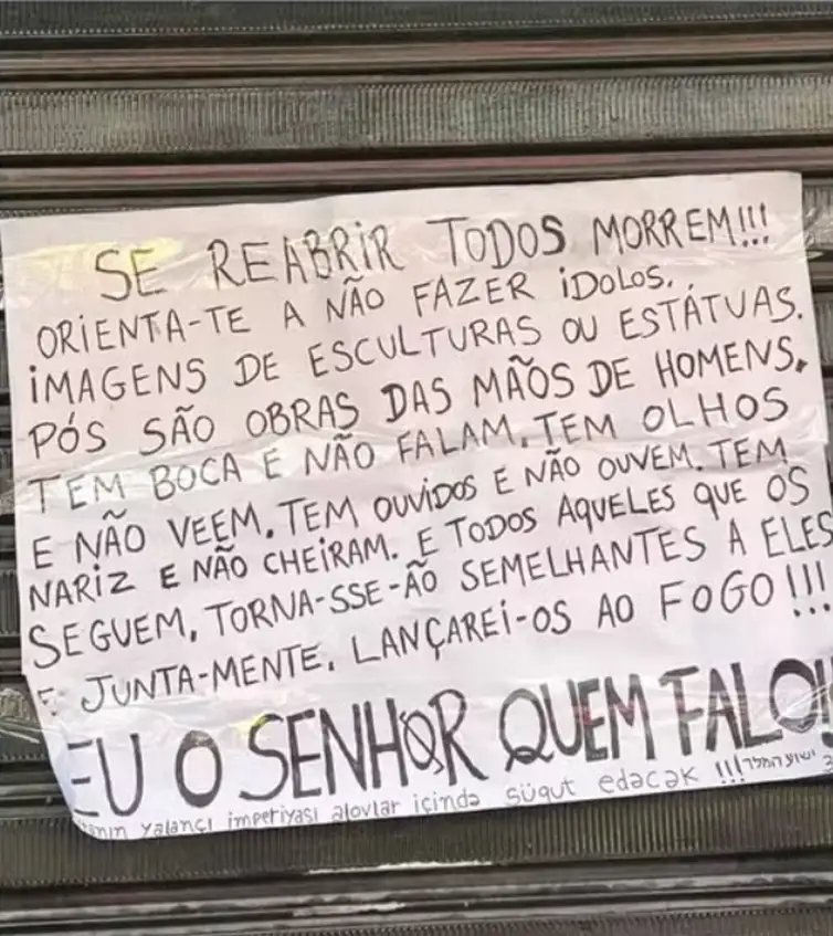 Loja de artigos católicos é atacada com coquetéis molotov em Fortaleza (CE): “Se reabrir, todos morrem”; na mesma madrugada, pelo menos três lojas de artigos de umbanda também foram atacadas no bairro com materiais inflamáveis. Foto: @republiqueBRA/X